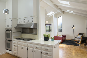 Modern Open Kitchen and Simple Living Room With Natural Sky Ligh