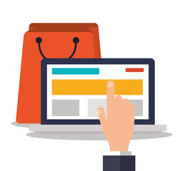 Laptop and bag icon. Digital marketing ecommerce shopping online and media theme. Colorful design. Vector illustration