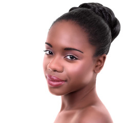 African American black woman with hair bun updo and make up