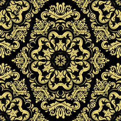 Damask vector classic black and golden pattern. Seamless abstract background with repeating elements