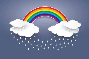 Cloud and Rainbow in blue sky  Paper art Style.Rainy season conc
