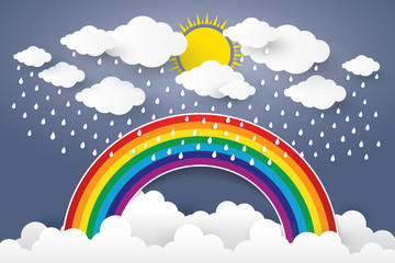 Cloud in Blue sky with Rain and Rainbow Paper art Style.vector I