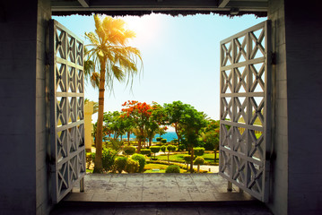 Arabic style yard with palms, sea and clear blue sky. View from house window. Sun on the sky....