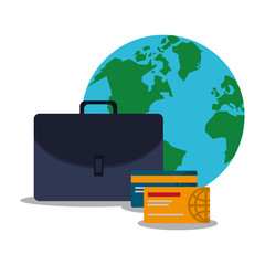 Suitcase credit card and planet icon. Digital marketing ecommerce shopping online and media theme. Colorful design. Vector illustration