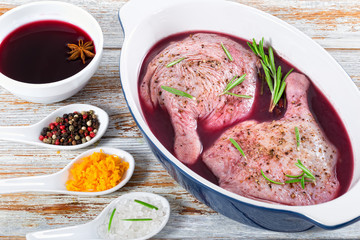 raw duck legs preparing for roasting, close-up