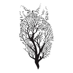Wolf run silhouette double exposure blend tree drawing tattoo vector