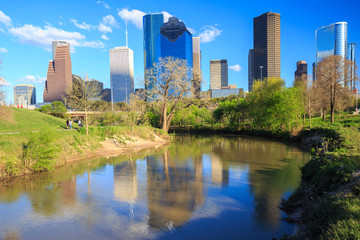 Fototapeta premium Houston Texas Skyline with modern skyscrapers and blue sky view