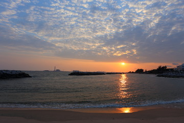 Rock breakwater and Blue sky in Rayong at Thailand