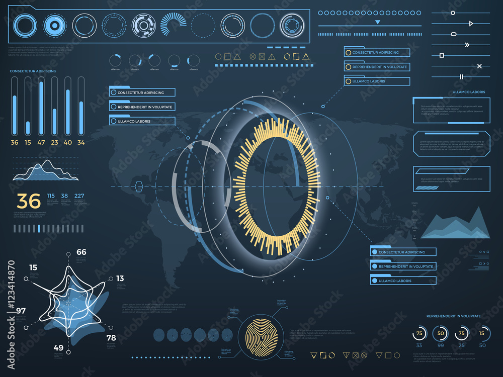 Poster future concept virtual touch user interface hud. vector interactive screen with control panel