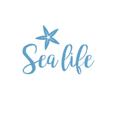 Starfish sea life lettering design isolated on white. Vector illustration