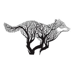 Naklejka premium Wolf run silhouette double exposure blend tree drawing tattoo vector