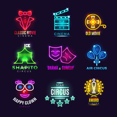 Neon circus, cinema, movie vector vintage labels