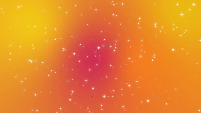 Festive background of sparkly white star light particles moving across an orange red yellow gradient backdrop.