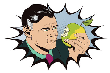 Presentation template. Man eating an apple.
