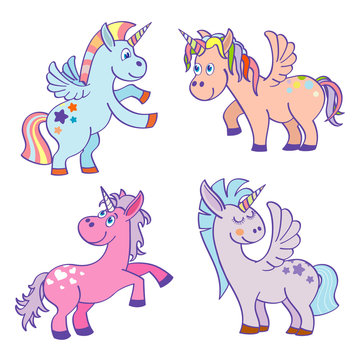 Cute cartoon miracle unicorns vector set