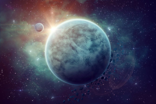 Space illustration. The unknown planet with the moon. Cosmos objects in blue colors. Beautiful nebula of space. © podrivystoev