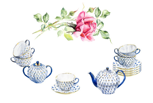 Tea time set with porcelain dishes and rose in glass vase. Watercolor hand drawn illustration