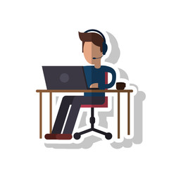 Operator man with laptop icon. Call center technical service and online support theme. Isolated design. Vector illustration