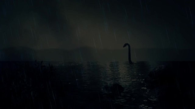 The Loch Ness Monster Swimming in the Lake Under a Storm