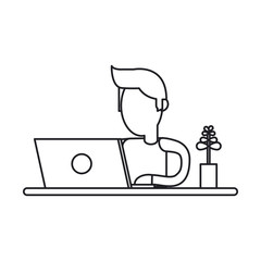 Operator man with laptop icon. Call center technical service and online support theme. Isolated design. Vector illustration