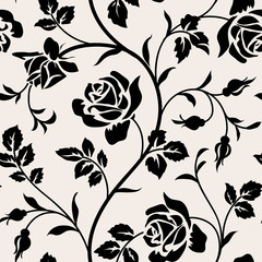 Vintage wallpaper with blooming roses and leaves.Floralm seamless pattern. Decorative branch of flowers. Black silhouette on white background