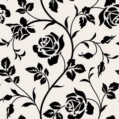 Tapeten Rosen Vintage Tapete mit blühenden Rosen und Blättern. Nahtloses Muster mit Blumen. Dekorativer Blumenzweig. Schwarze Silhouette auf weißem Hintergrund