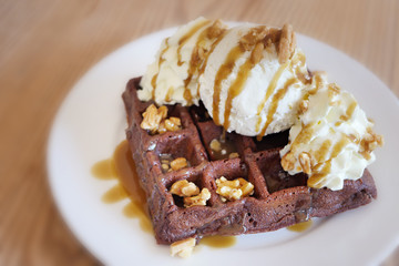 vanilla ice cream with chocolate waffle
