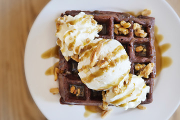 vanilla ice cream with chocolate waffle