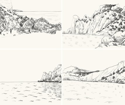 Vector summer seascape sketch. Rocky shore, lapped by the surf