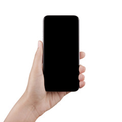 Isolated female hand holding a cellphone with clipping path