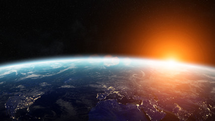 Sunrise over planet Earth in space 3D rendering elements of this - obrazy, fototapety, plakaty