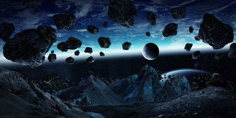 Gigantic asteroids about to crash earth 3D rendering elements of - obrazy, fototapety, plakaty