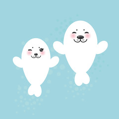 card design Funny white fur seal pups, cute winking seals with pink cheeks and big eyes. Kawaii albino animals on blue background. Vector