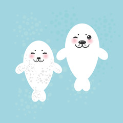card design Funny white fur seal pups, cute winking seals with pink cheeks and big eyes. Kawaii animals on blue background. Vector