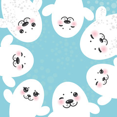 card design Funny white fur seal pups, cute winking seals with pink cheeks and big eyes. Kawaii albino animals on blue background. Vector
