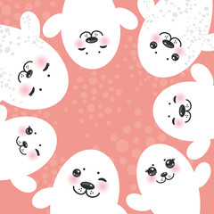 Fototapeta premium card design Funny white fur seal pups, cute winking seals with pink cheeks and big eyes. Kawaii albino animals on pink background. Vector