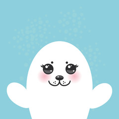 card design Funny white fur seal pups, cute seals with pink cheeks and big eyes. Kawaii animals albino on blue background. Vector