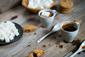 Two cups of hot coffee