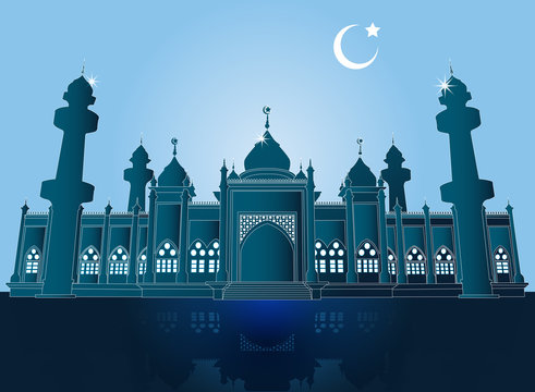 Jamiah Patani Mosque, Silhouette Domes and Minarets in Bright night Background with Crescent Moon, Vector Illustration 