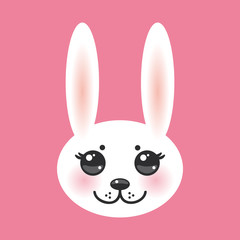 Kawaii funny animal muzzle white rabbit on pink background with pink cheeks and big black eyes. Vector