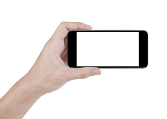 hand holding horizontal the black smartphone with white screen w