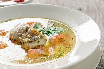 Beautiful presentation of the fish soup.