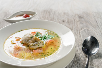 Beautiful presentation of the fish soup.