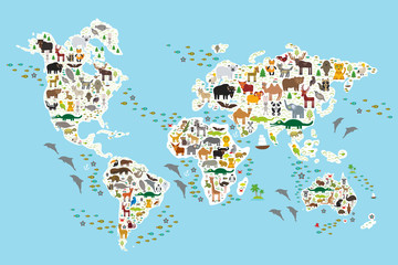 Cartoon-Tierweltkarte für Kinder und Kinder, Tiere aus aller Welt, weiße Kontinente und Inseln auf blauem Hintergrund von Ozean und Meer. Vektor © EkaterinaP