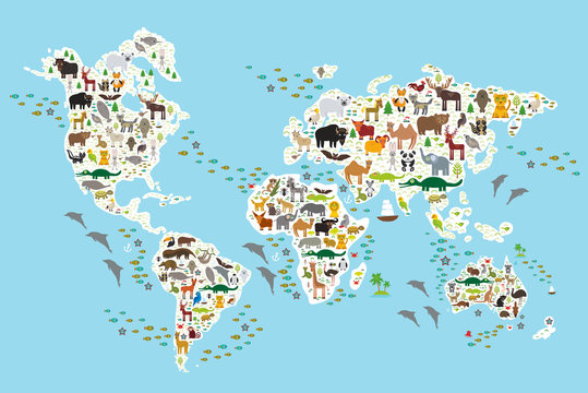 Cartoon animal world map for children and kids, Animals from all over the world, white continents and islands on blue background of ocean and sea. Vector