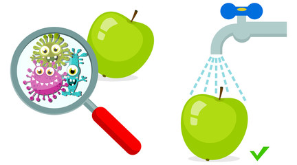 Magnifying Glass look through Germ, Bacteria, Virus, Microbe, Pathogen Characters on dirty green apple. Cartoon, fun for children characters. Washed apple with water. Vector illustration