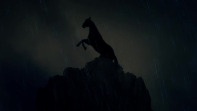 An Epic Stallion Horse Standing on a Cliff Under a Lightning Storm in Slow Motion