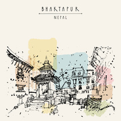 Obraz premium Bhaktapur, historical town in Kathmandu valley, Nepal, Asia. Vintage artistic postcard with a hindu shrine. Travel sketch. Touristic postcard, poster or book illustration