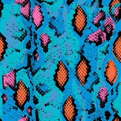 Snake skin texture. Seamless pattern pink blue orange black background. Vector