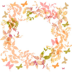 Spring background, Colorful butterflies set wreath with pink leaves, watercolor. Round banner for text. spring summer card design on white background. Vector